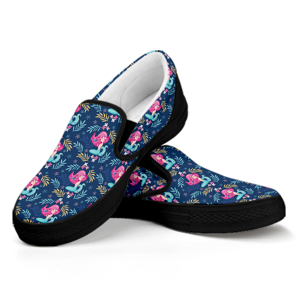 Little Cute Mermaid Pattern Print Black Slip On Shoes