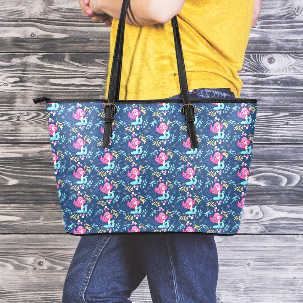 Little Cute Mermaid Pattern Print Leather Tote Bag