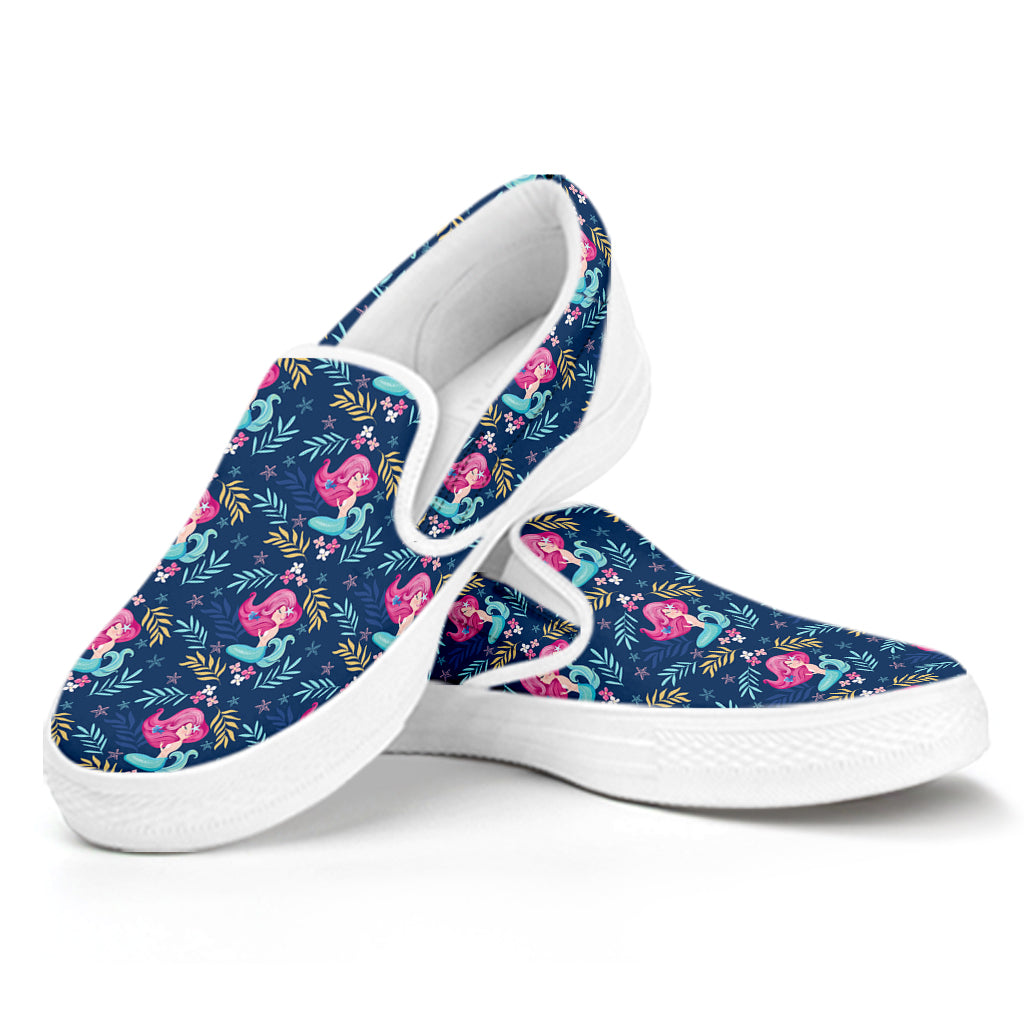 Little Cute Mermaid Pattern Print White Slip On Shoes