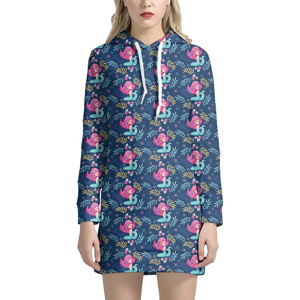 Little Cute Mermaid Pattern Print Women's Pullover Hoodie Dress