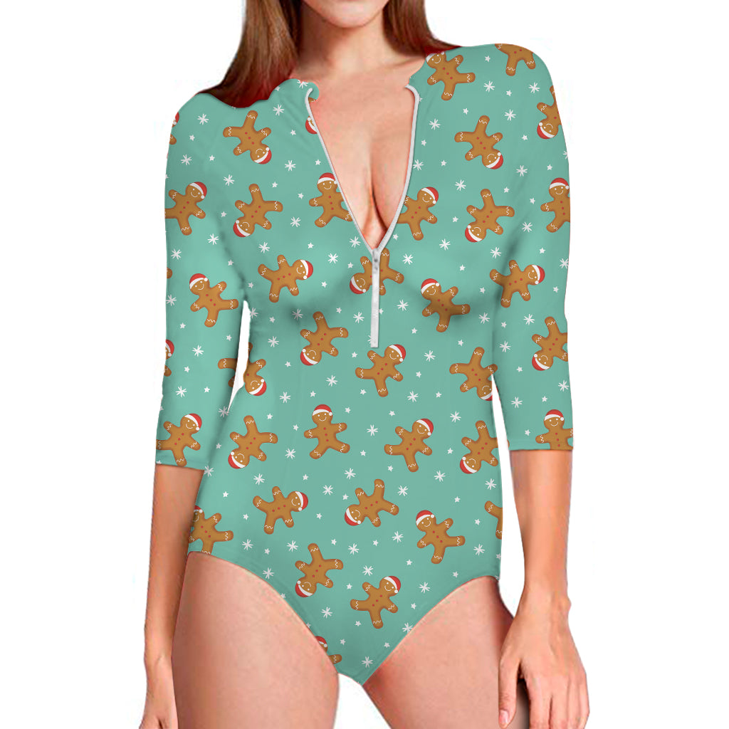 Little Gingerbread Man Pattern Print Long Sleeve One Piece Swimsuit