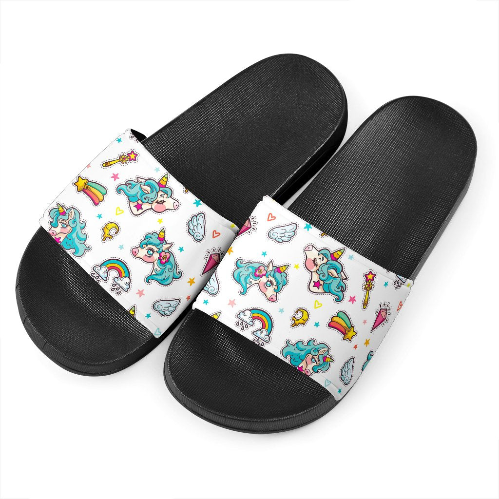 Little Girly Unicorn Pattern Print Black Slide Sandals