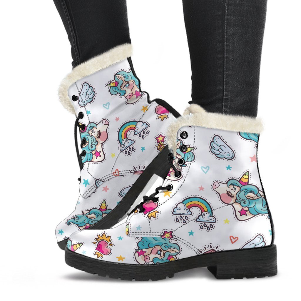 Little Girly Unicorn Pattern Print Faux Fur Leather Boots