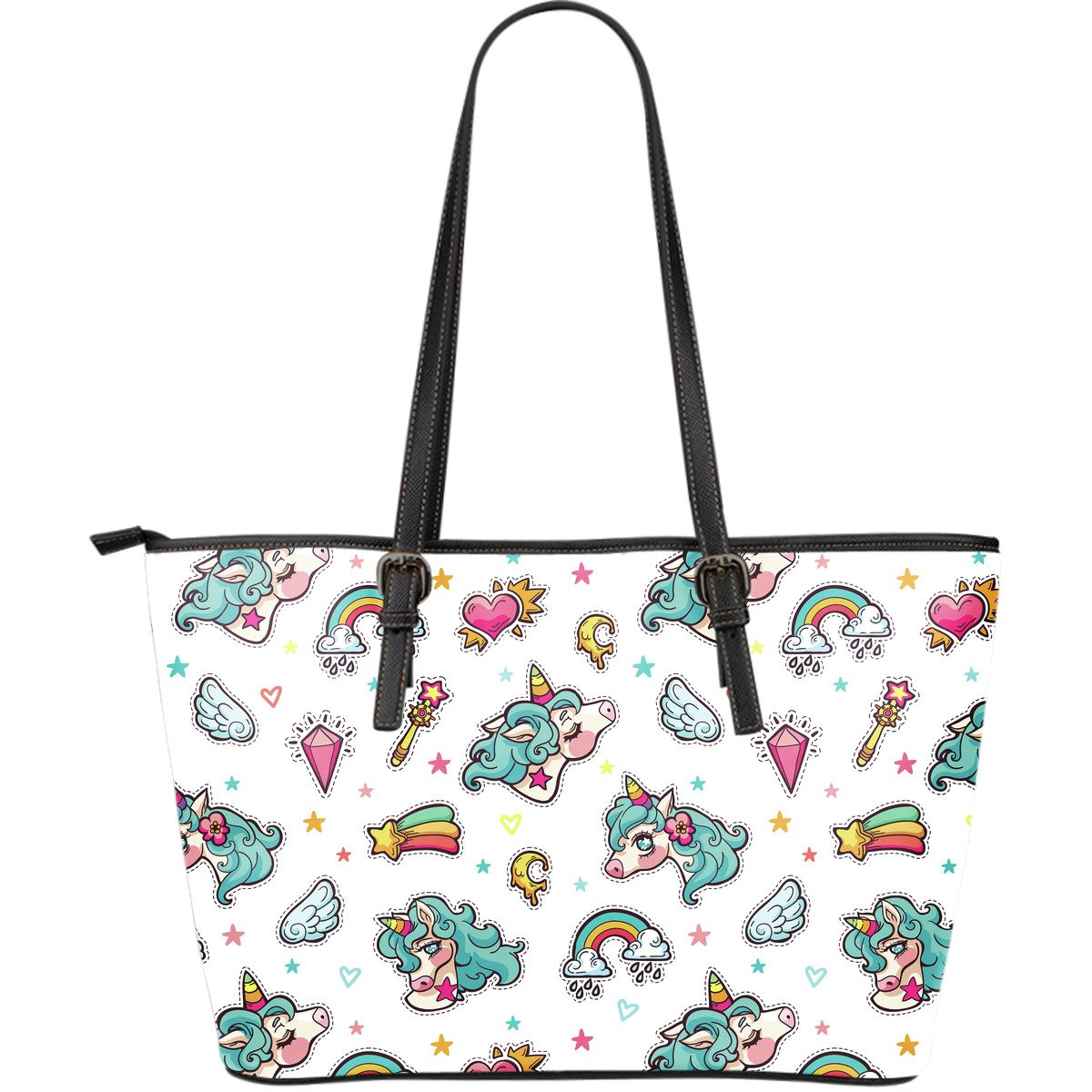 Little Girly Unicorn Pattern Print Leather Tote Bag