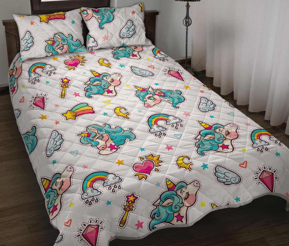 Little Girly Unicorn Pattern Print Quilt Bed Set