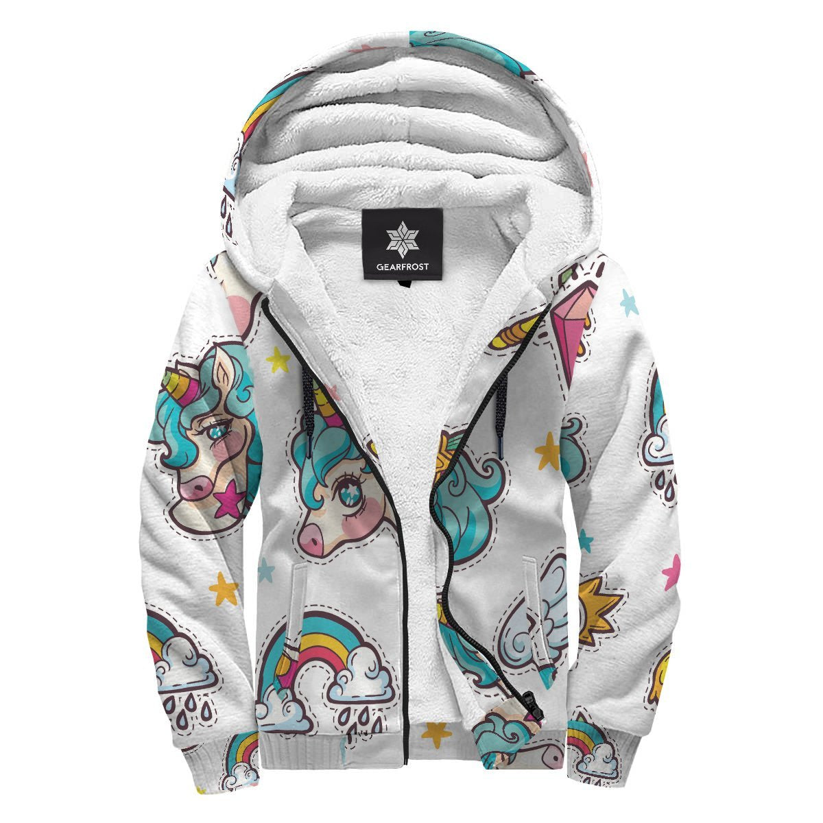 Little Girly Unicorn Pattern Print Sherpa Lined Fleece Hoodie