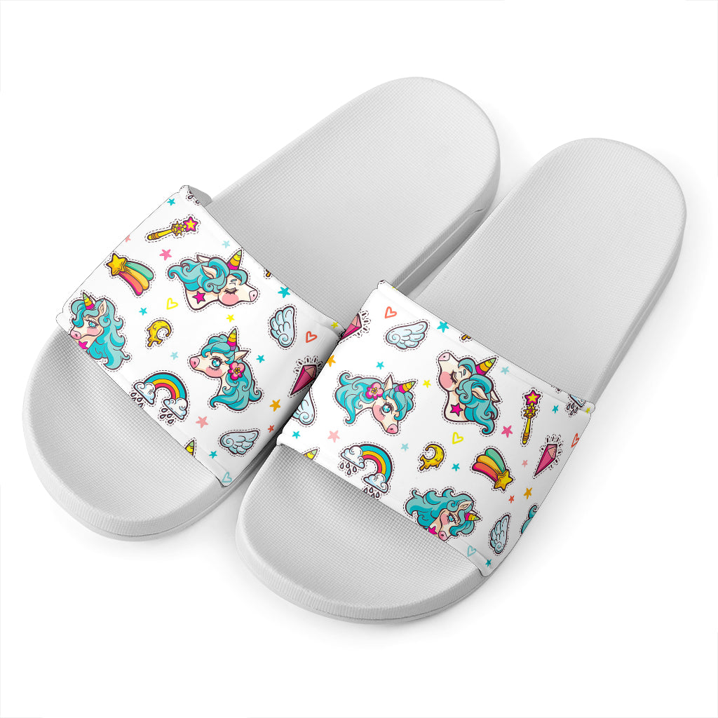 Little Girly Unicorn Pattern Print White Slide Sandals