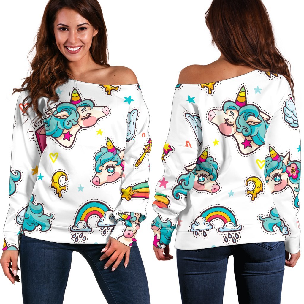 Little Girly Unicorn Pattern Print Women's Off-Shoulder Sweatshirt