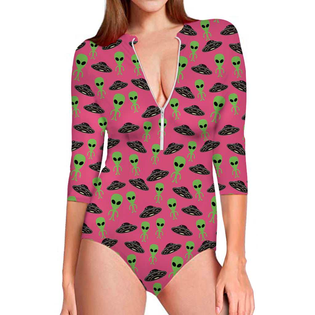 Little Green Alien UFO Print Long Sleeve One Piece Swimsuit