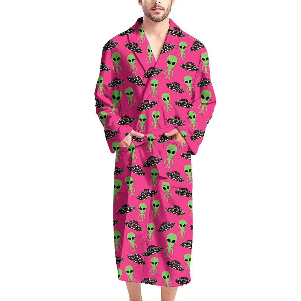 Little Green Alien UFO Print Men's Bathrobe