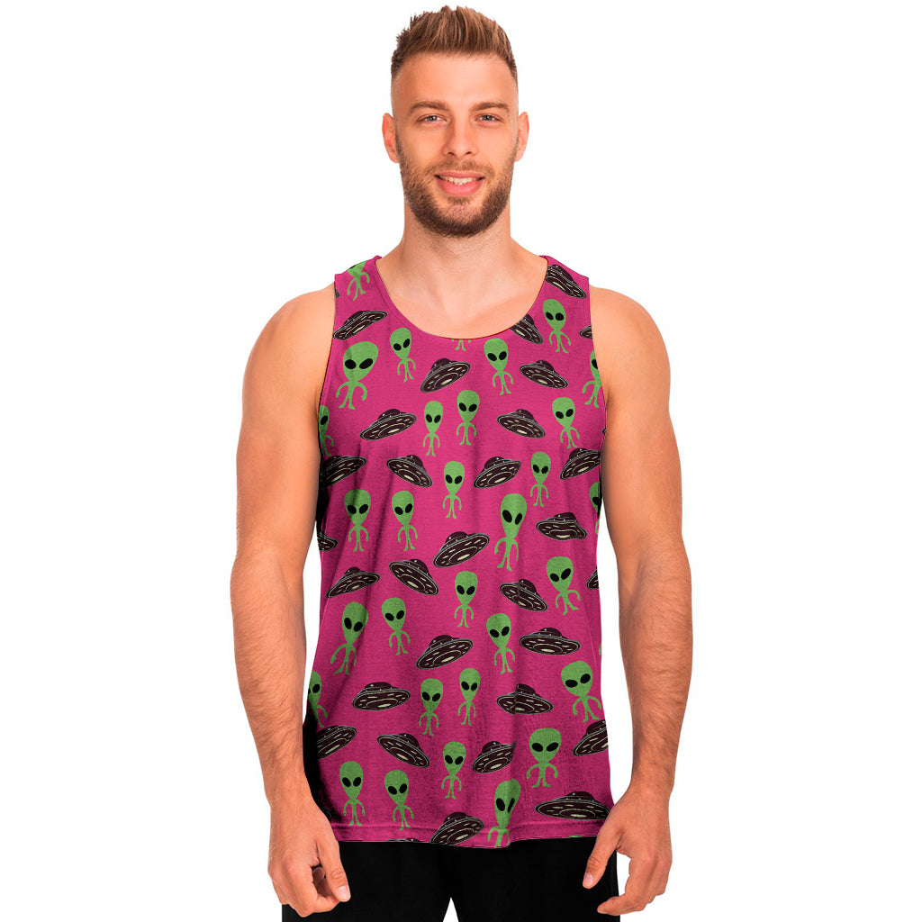 Little Green Alien UFO Print Men's Tank Top