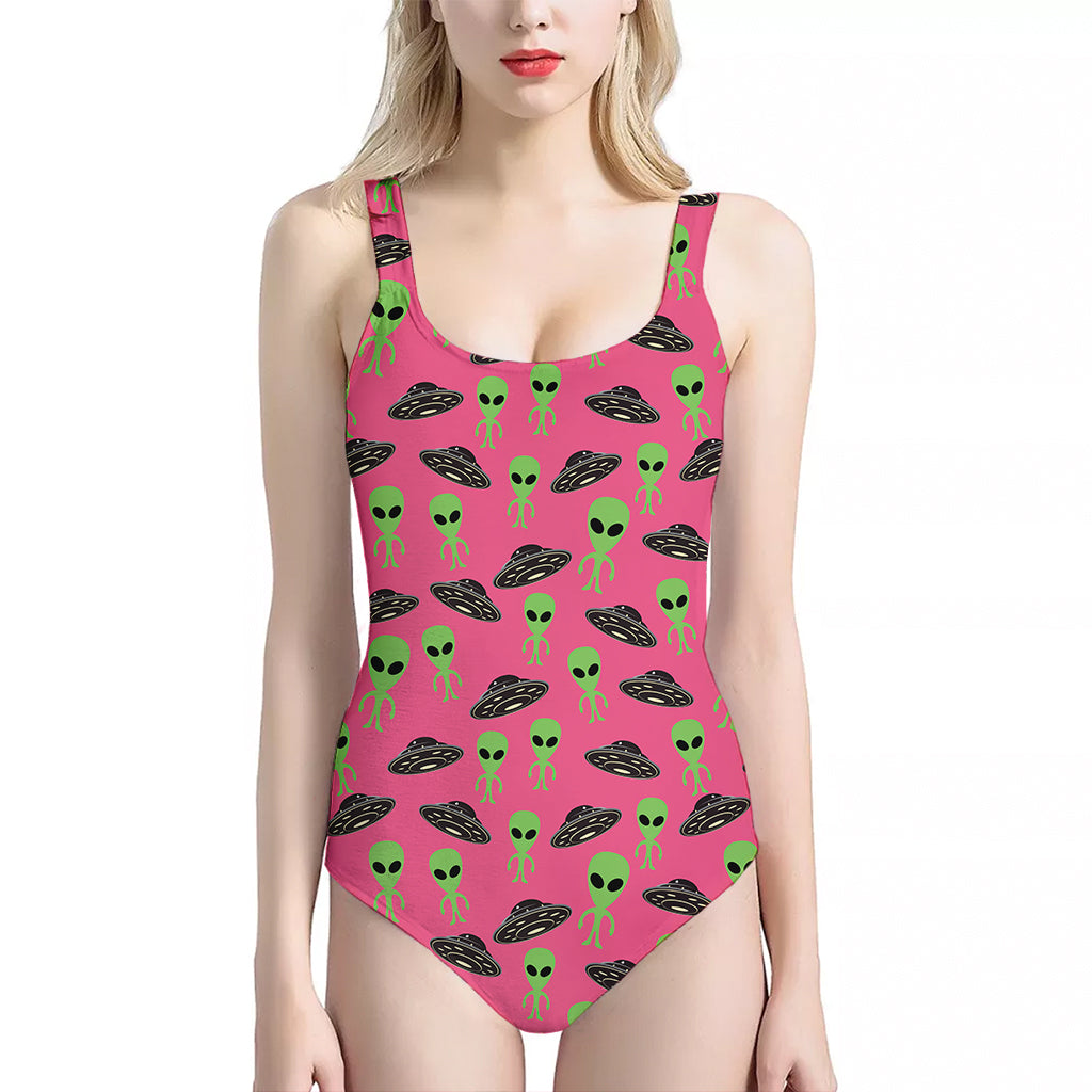 Little Green Alien UFO Print One Piece Halter Neck Swimsuit