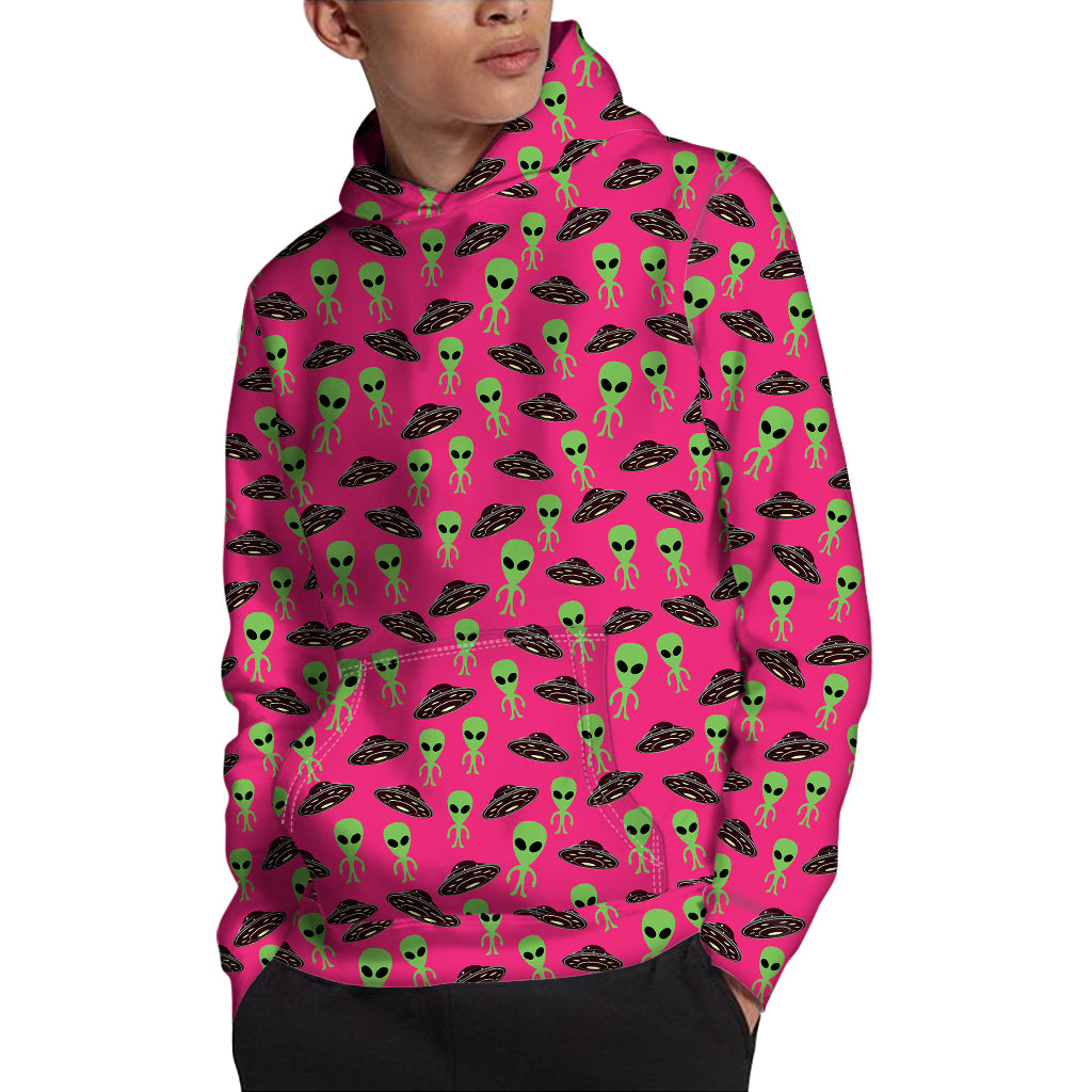 Little Green Alien UFO Print Pullover Hoodie