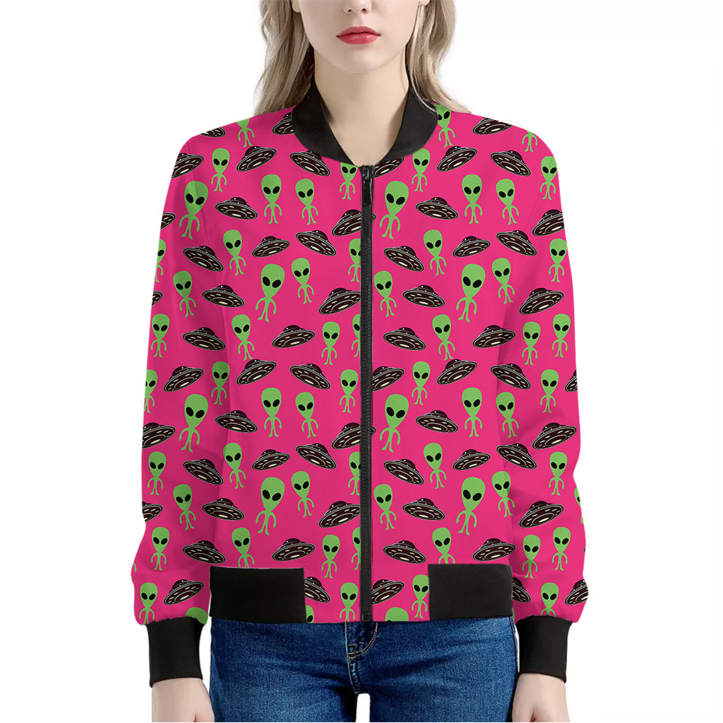 Little Green Alien UFO Print Women's Bomber Jacket