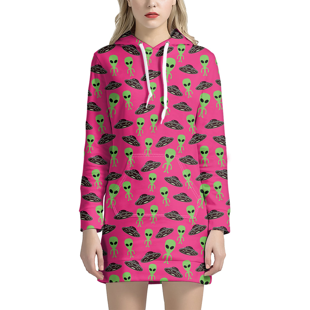 Little Green Alien UFO Print Women's Pullover Hoodie Dress