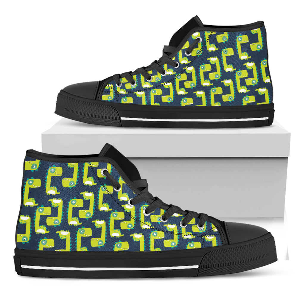 Little Green Dinosaur Pattern Print Black High Top Shoes