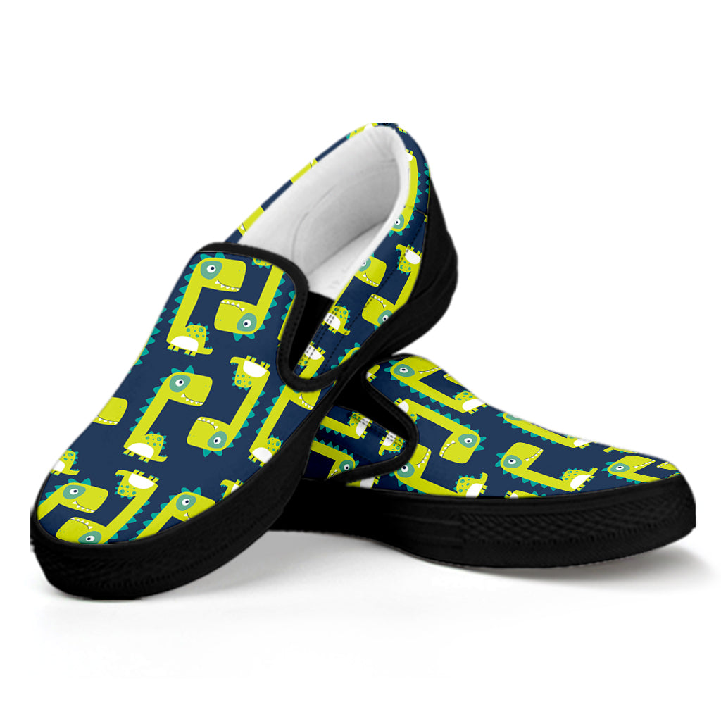 Little Green Dinosaur Pattern Print Black Slip On Shoes