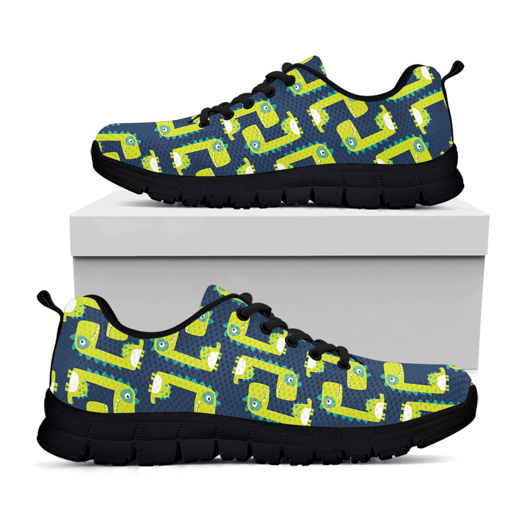 Little Green Dinosaur Pattern Print Black Sneakers