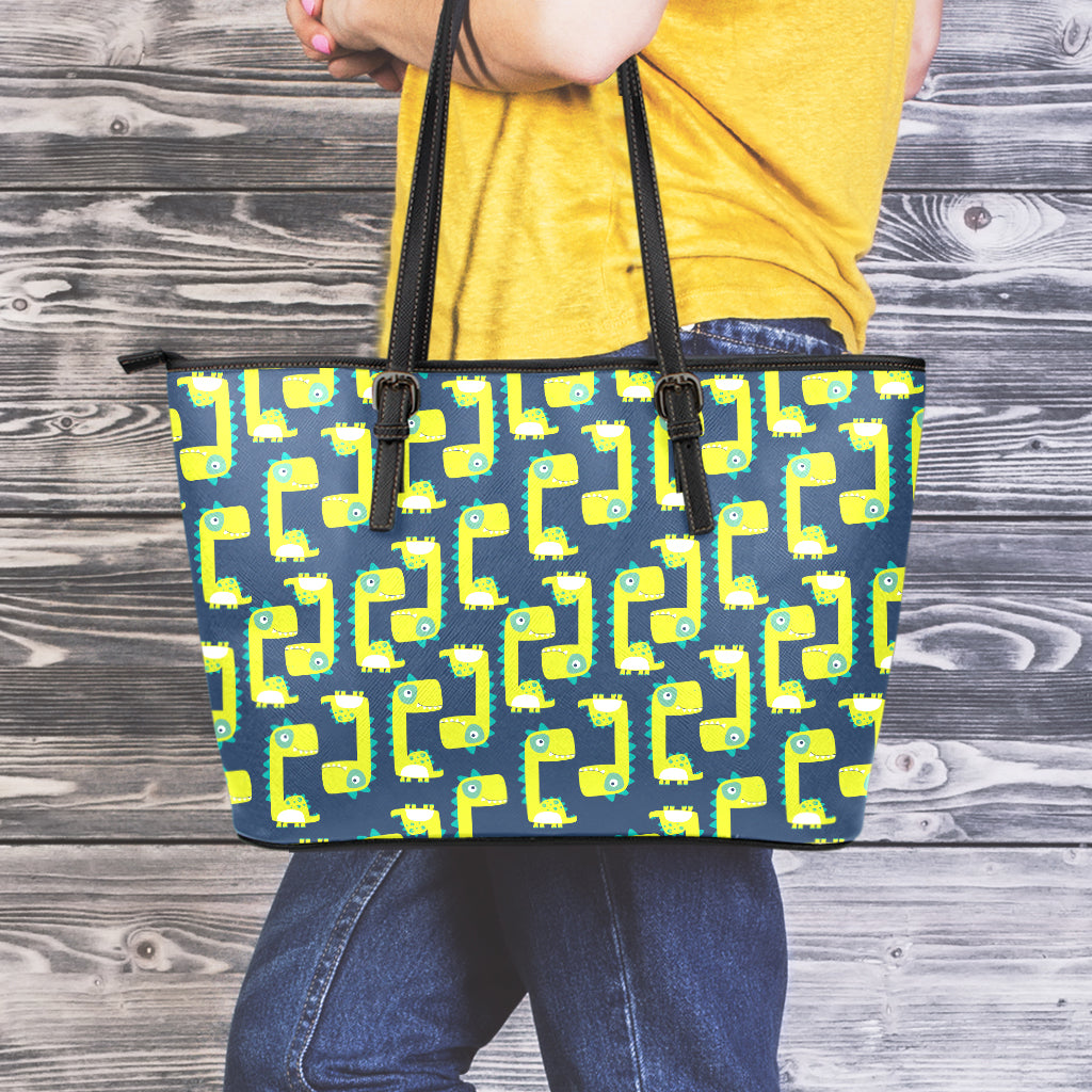 Little Green Dinosaur Pattern Print Leather Tote Bag