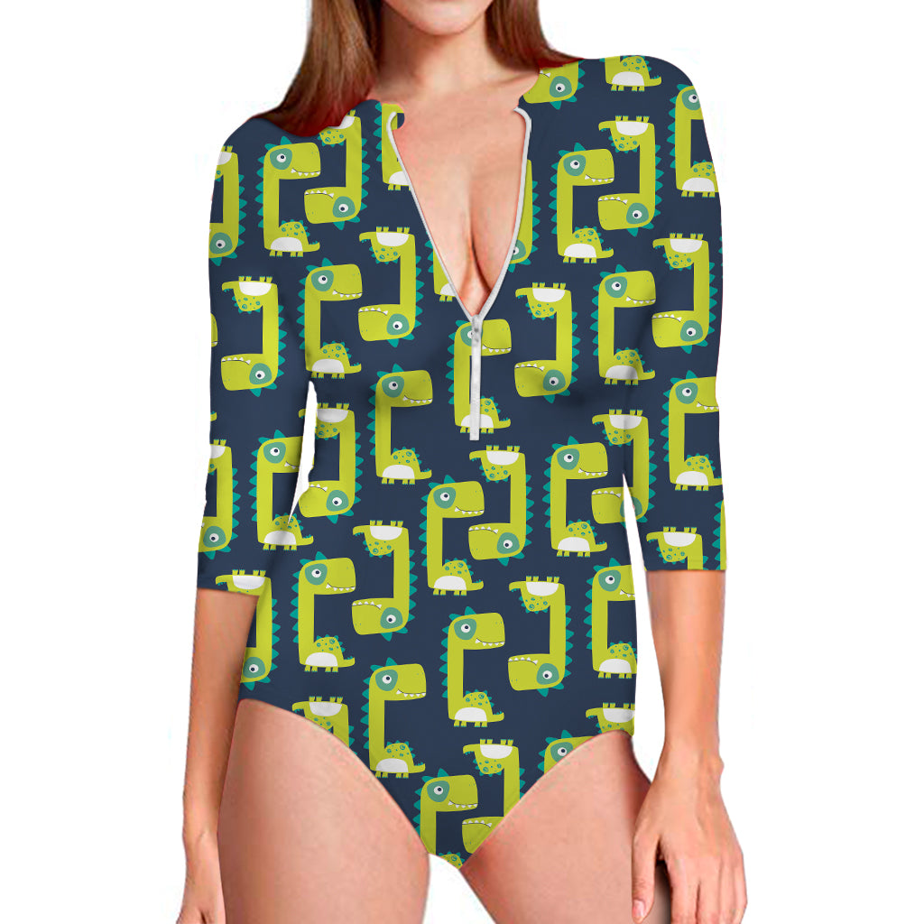 Little Green Dinosaur Pattern Print Long Sleeve One Piece Swimsuit