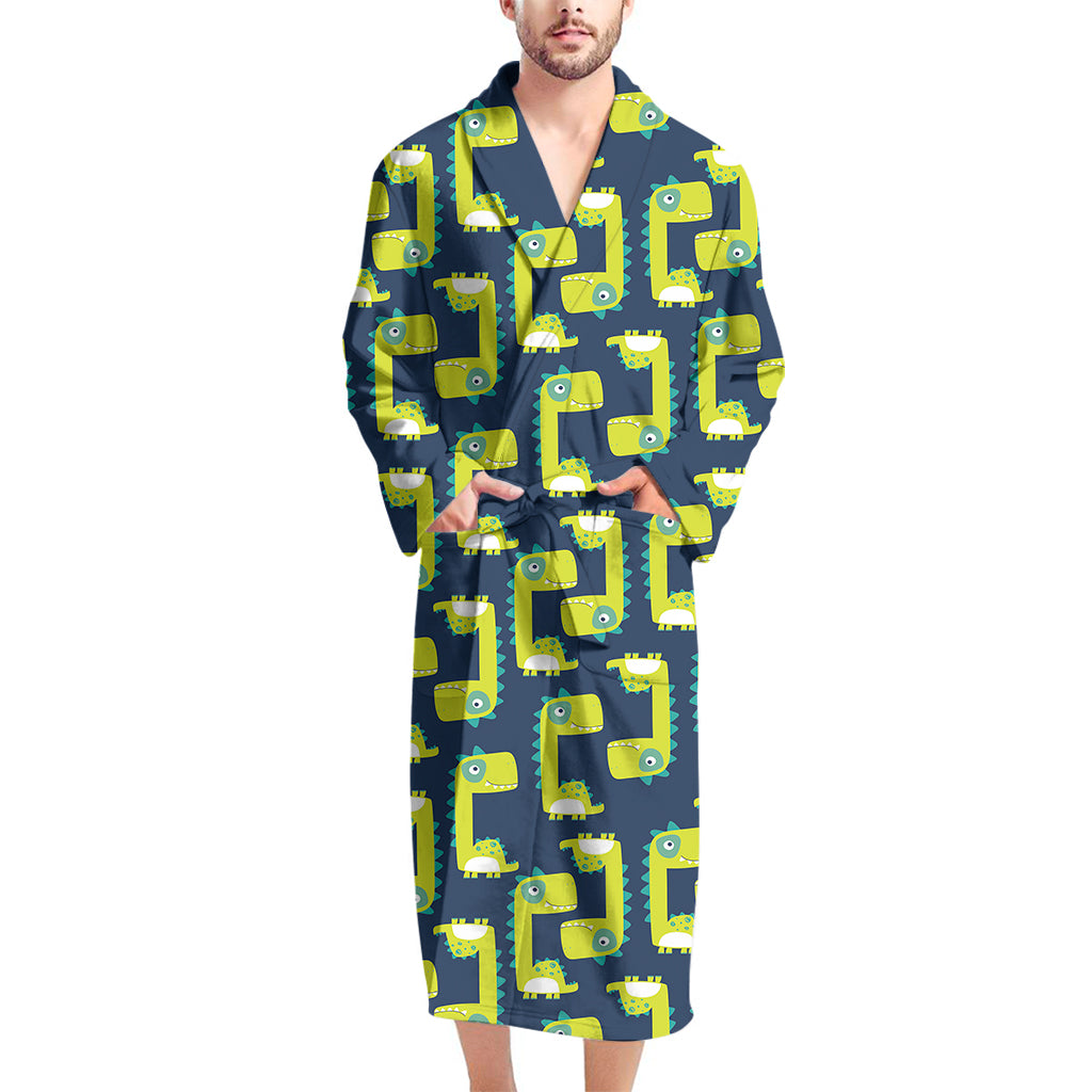 Little Green Dinosaur Pattern Print Men's Bathrobe