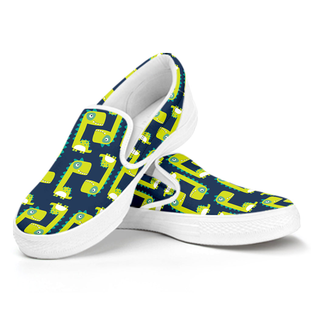 Little Green Dinosaur Pattern Print White Slip On Shoes