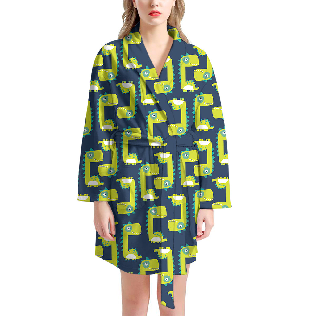 Little Green Dinosaur Pattern Print Women's Bathrobe