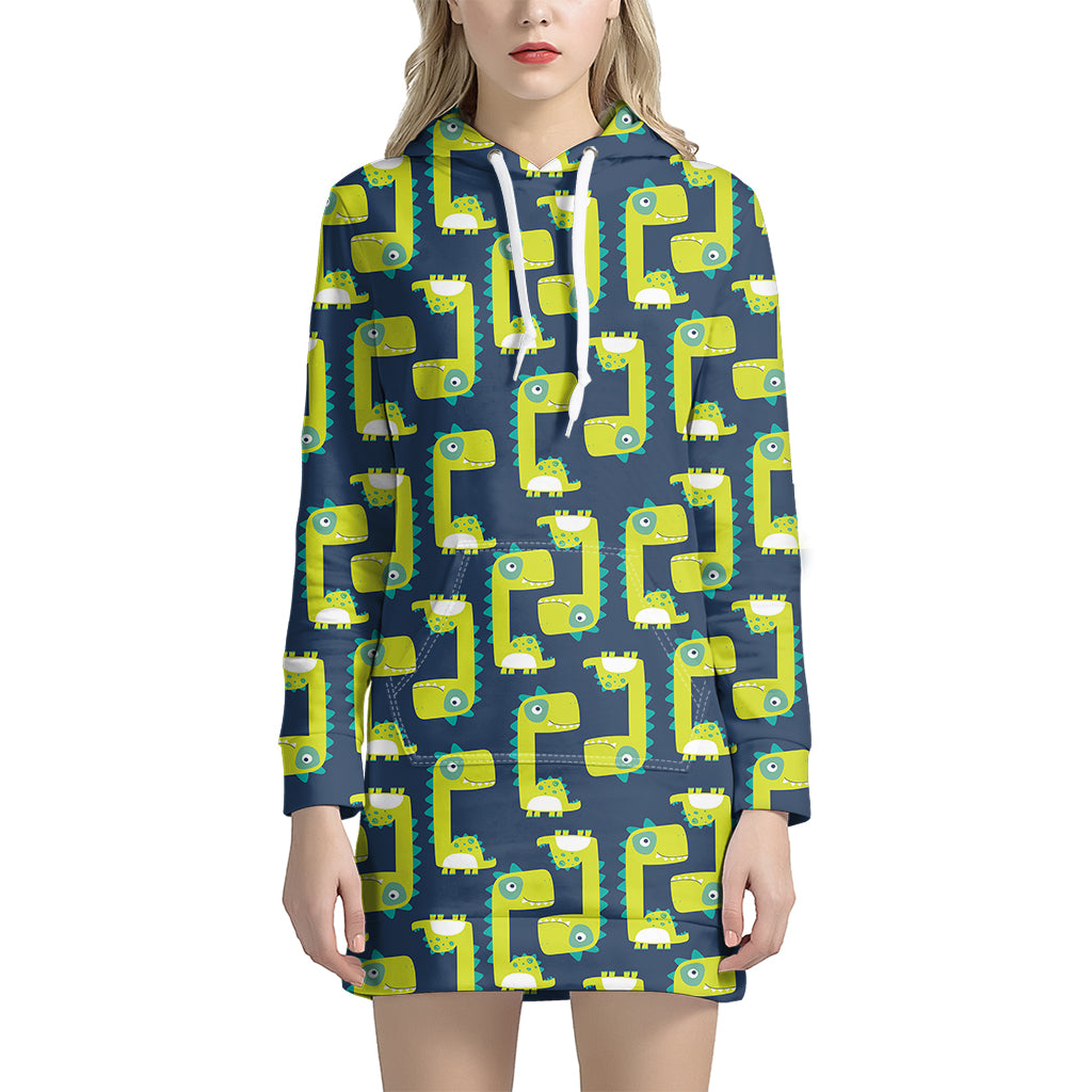 Little Green Dinosaur Pattern Print Women's Pullover Hoodie Dress