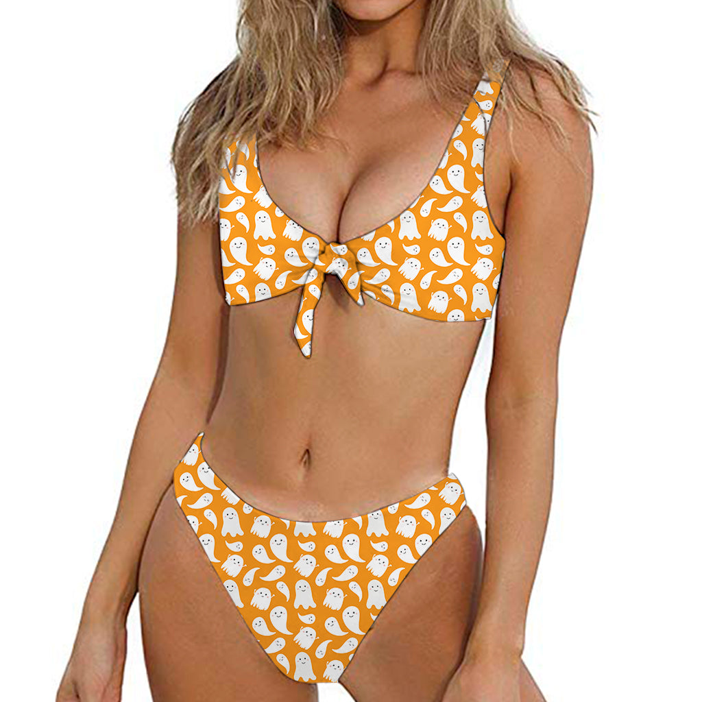 Little Halloween Ghost Pattern Print Front Bow Tie Bikini