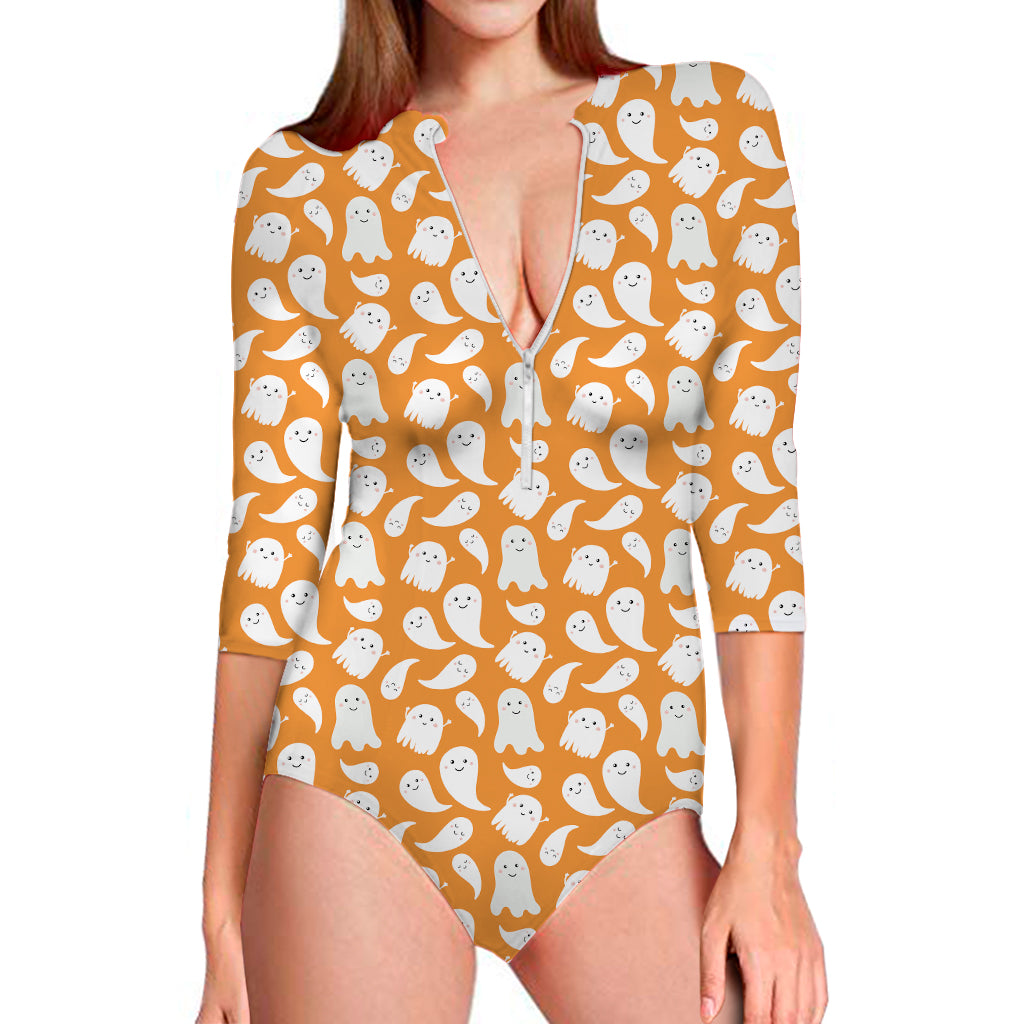 Little Halloween Ghost Pattern Print Long Sleeve One Piece Swimsuit