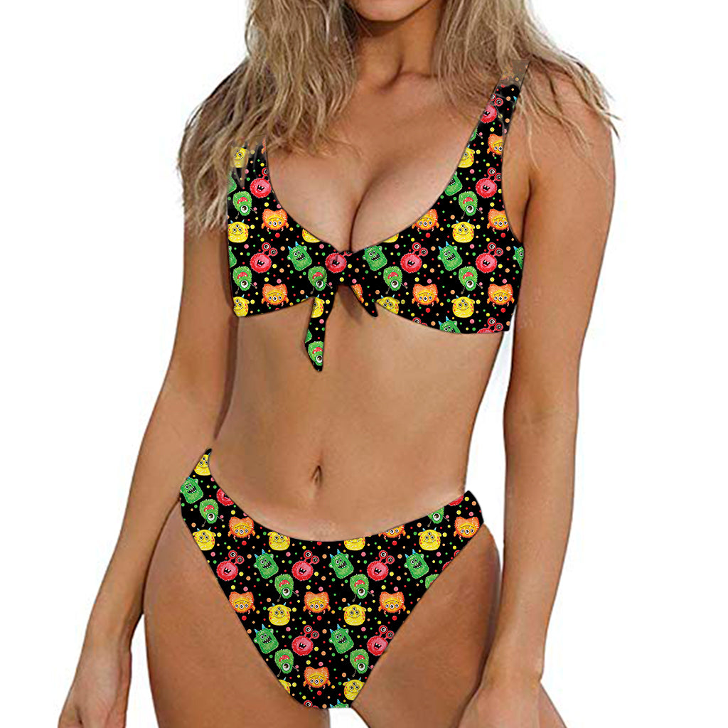 Little Monster Pattern Print Front Bow Tie Bikini