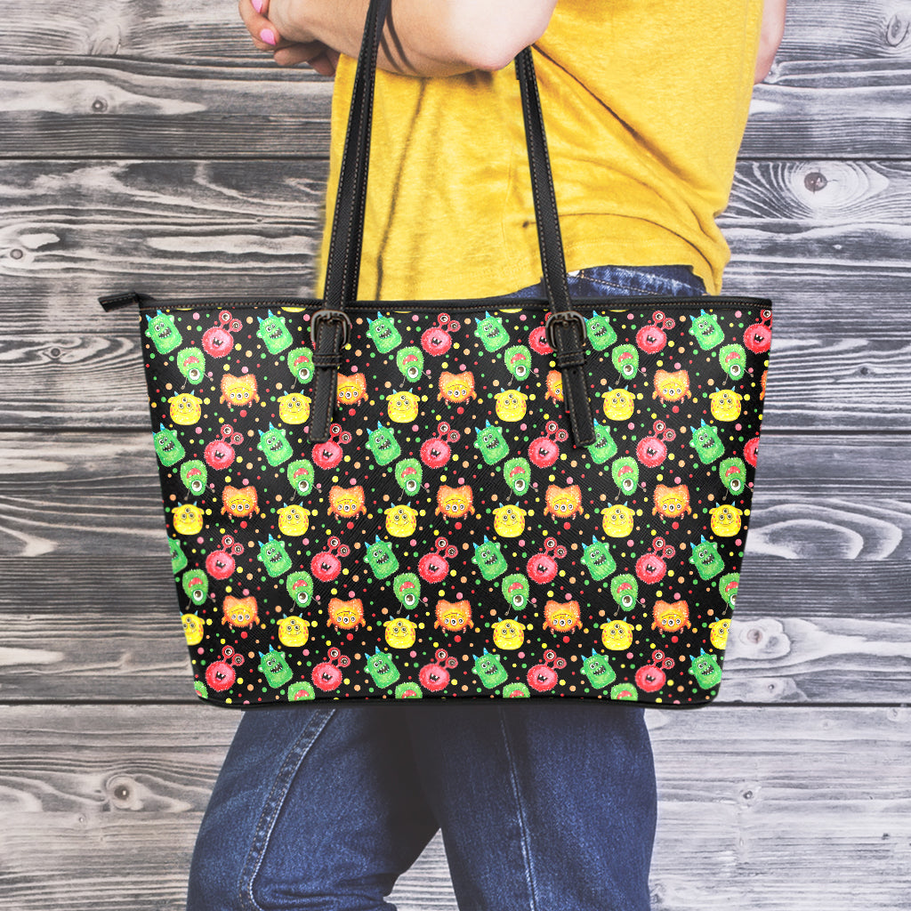 Little Monster Pattern Print Leather Tote Bag