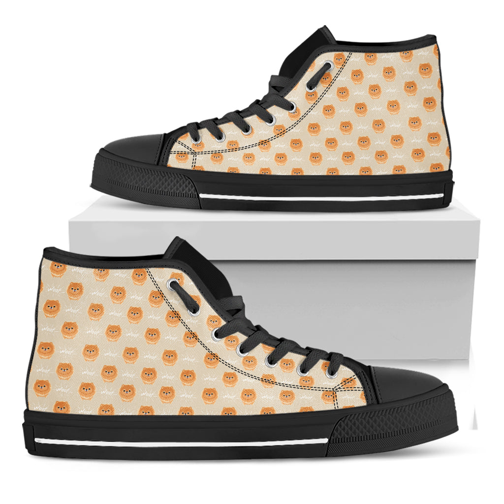 Little Pomeranian Pattern Print Black High Top Shoes