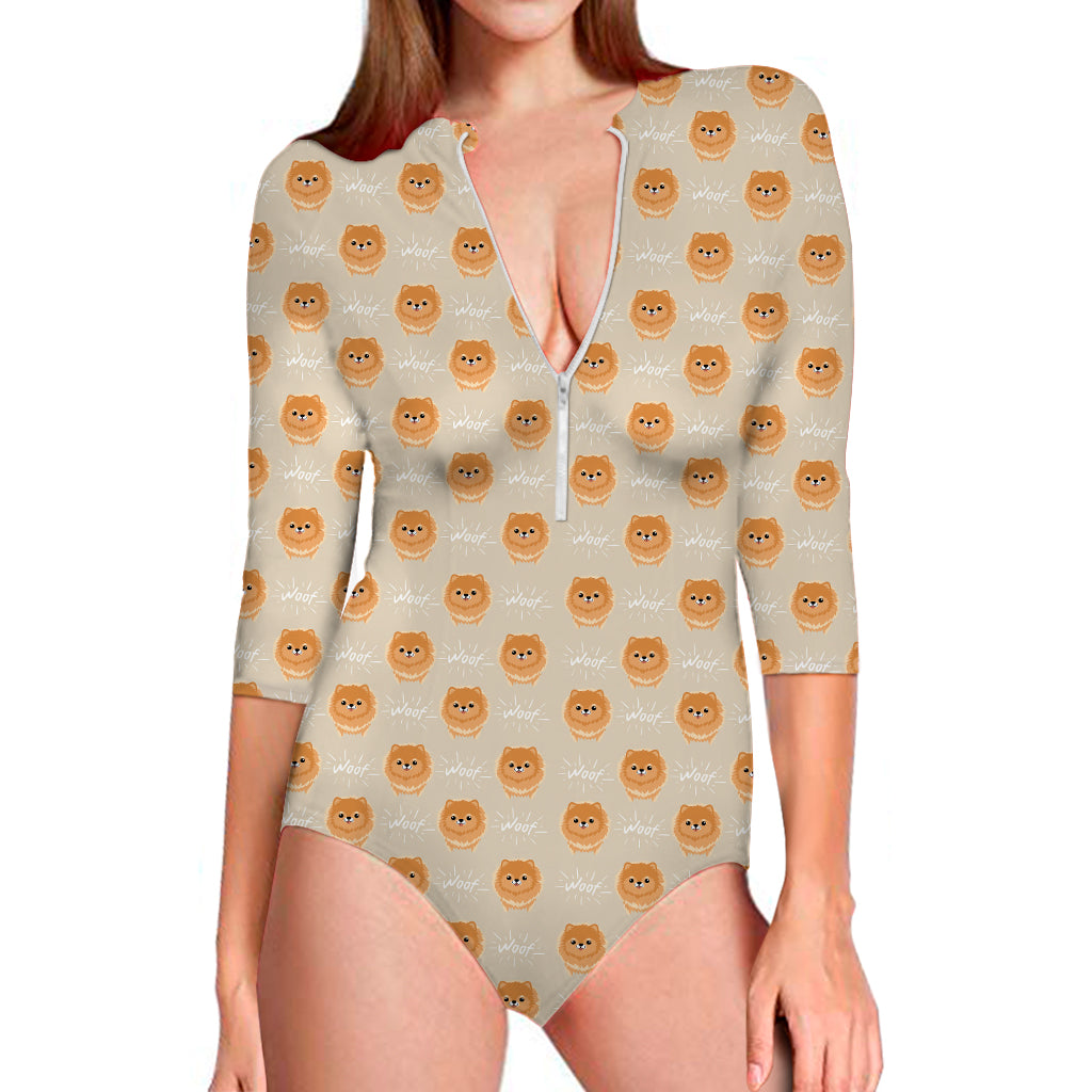 Little Pomeranian Pattern Print Long Sleeve One Piece Swimsuit