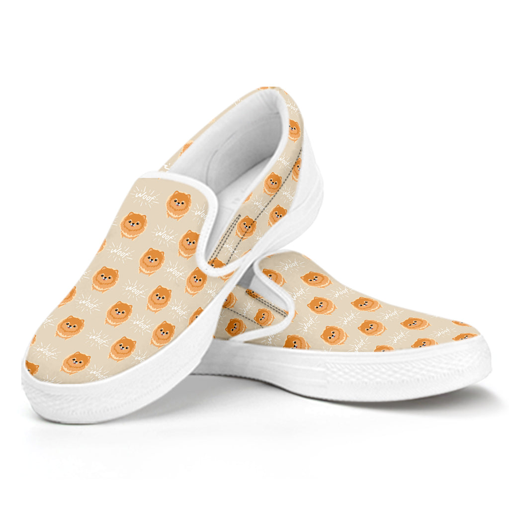 Little Pomeranian Pattern Print White Slip On Shoes