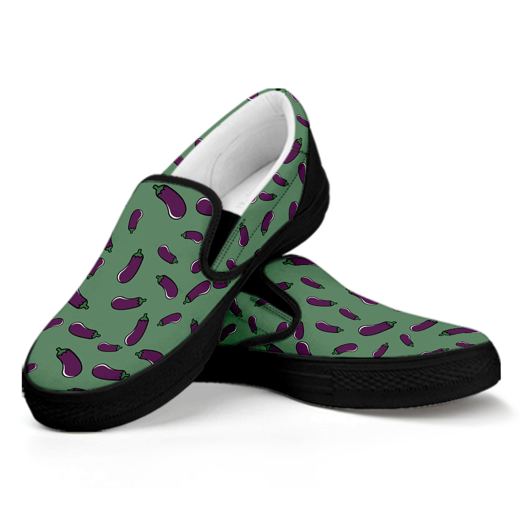 Little Purple Eggplant Pattern Print Black Slip On Shoes