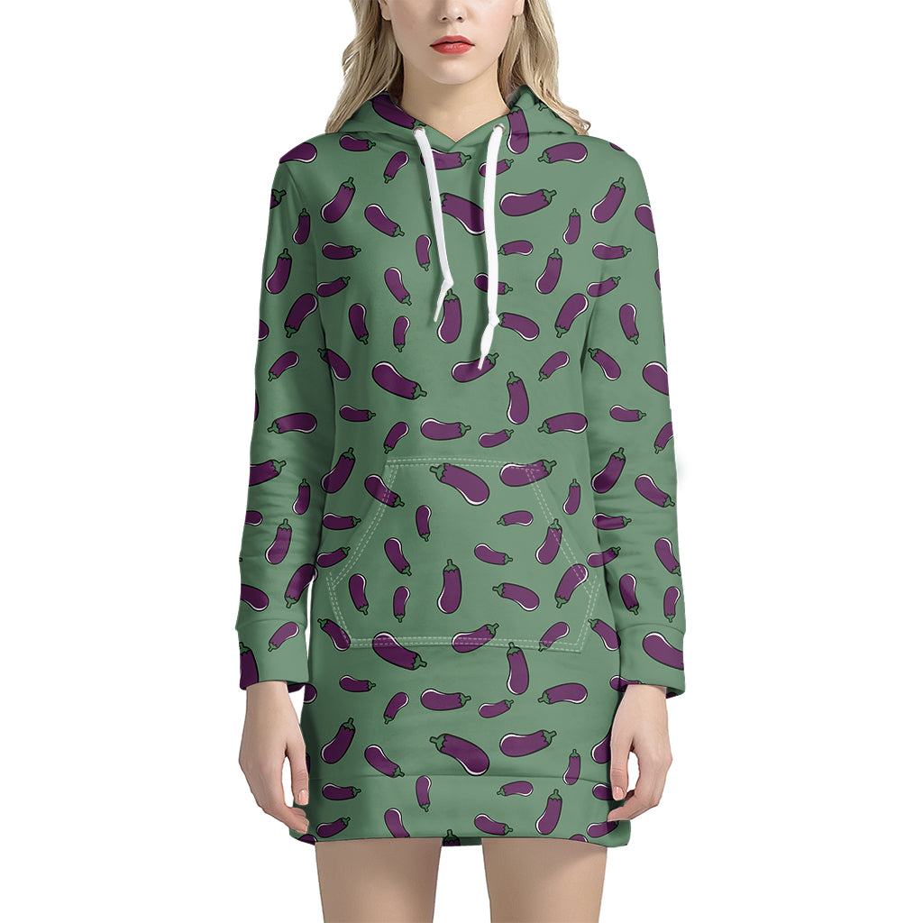 Little Purple Eggplant Pattern Print Women's Pullover Hoodie Dress