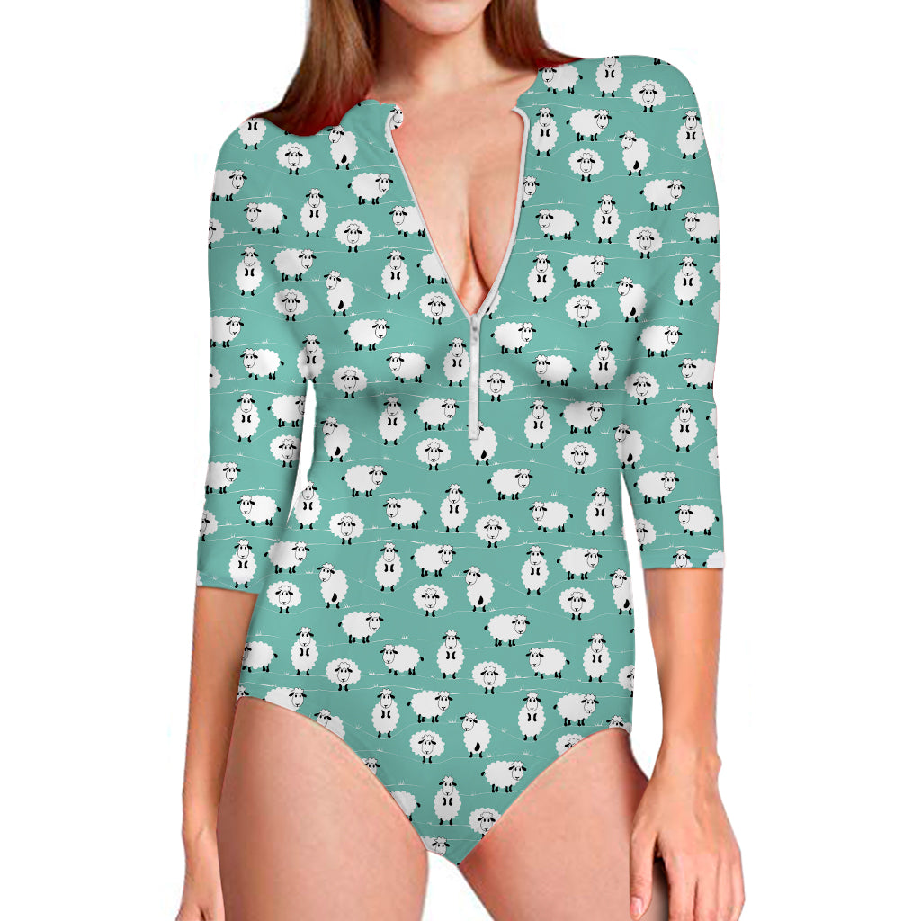 Little Sheep Pattern Print Long Sleeve One Piece Swimsuit