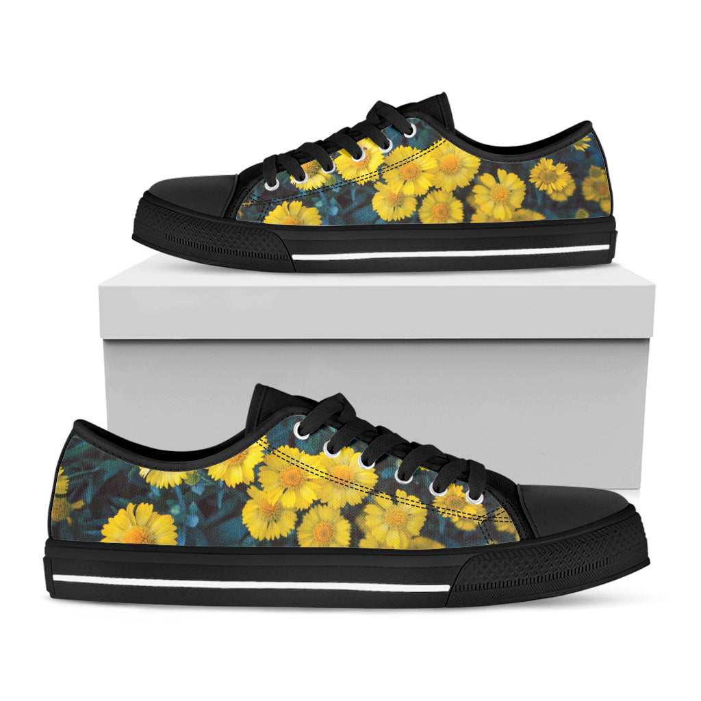 Little Yellow Daisy Print Black Low Top Shoes