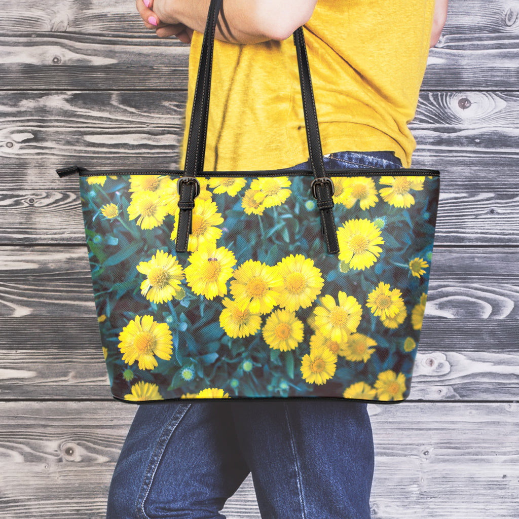 Little Yellow Daisy Print Leather Tote Bag