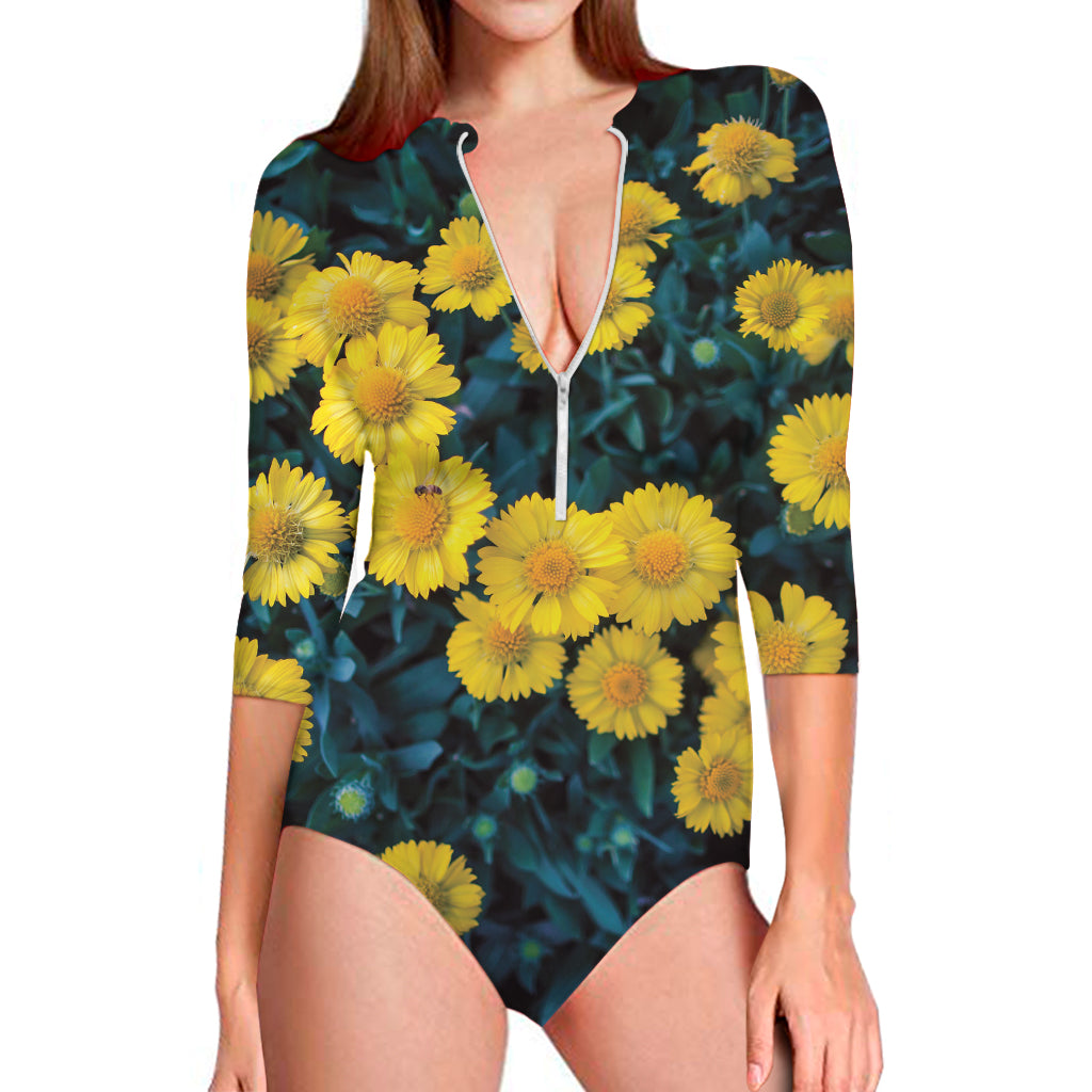 Little Yellow Daisy Print Long Sleeve One Piece Swimsuit