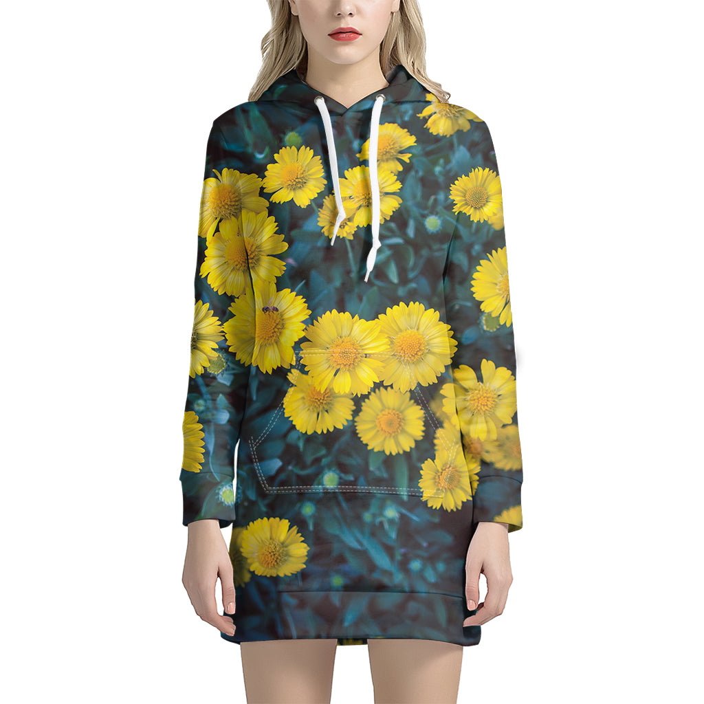 Little Yellow Daisy Print Women's Pullover Hoodie Dress