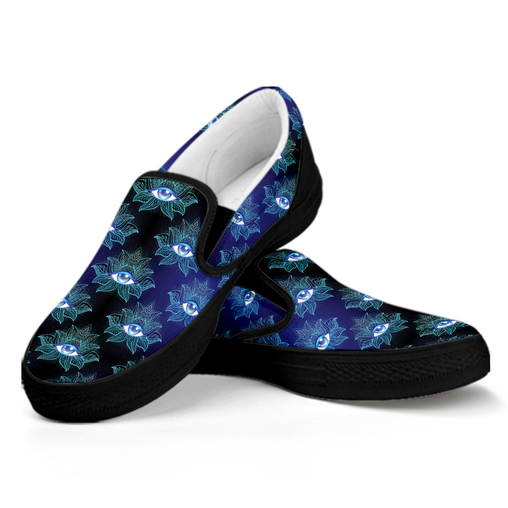 Lotus Eye of Providence Pattern Print Black Slip On Shoes