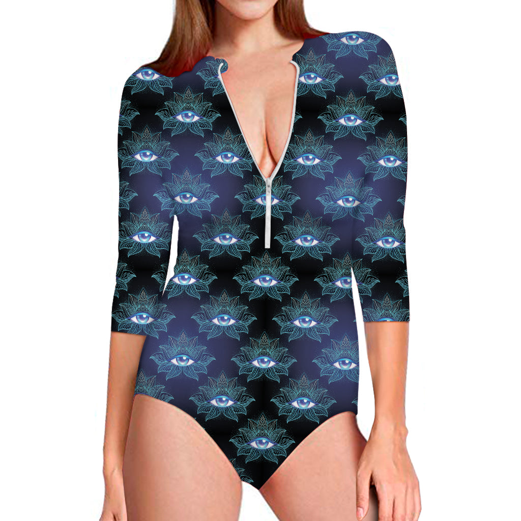 Lotus Eye of Providence Pattern Print Long Sleeve One Piece Swimsuit