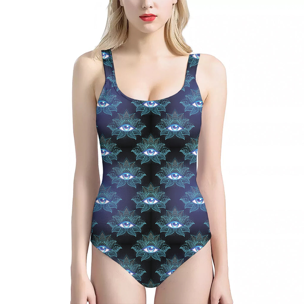 Lotus Eye of Providence Pattern Print One Piece Halter Neck Swimsuit