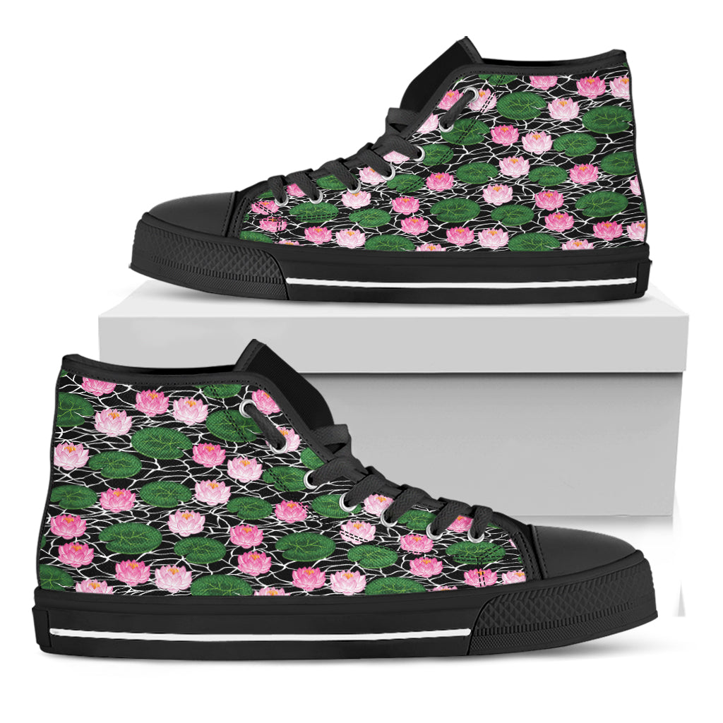 Lotus Flower And Leaf Pattern Print Black High Top Shoes