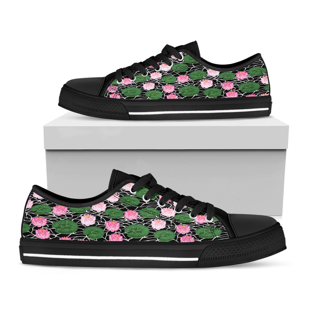 Lotus Flower And Leaf Pattern Print Black Low Top Shoes