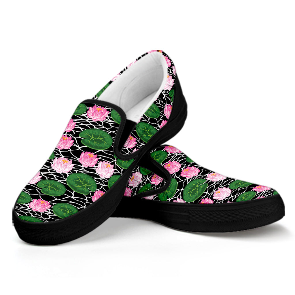 Lotus Flower And Leaf Pattern Print Black Slip On Shoes