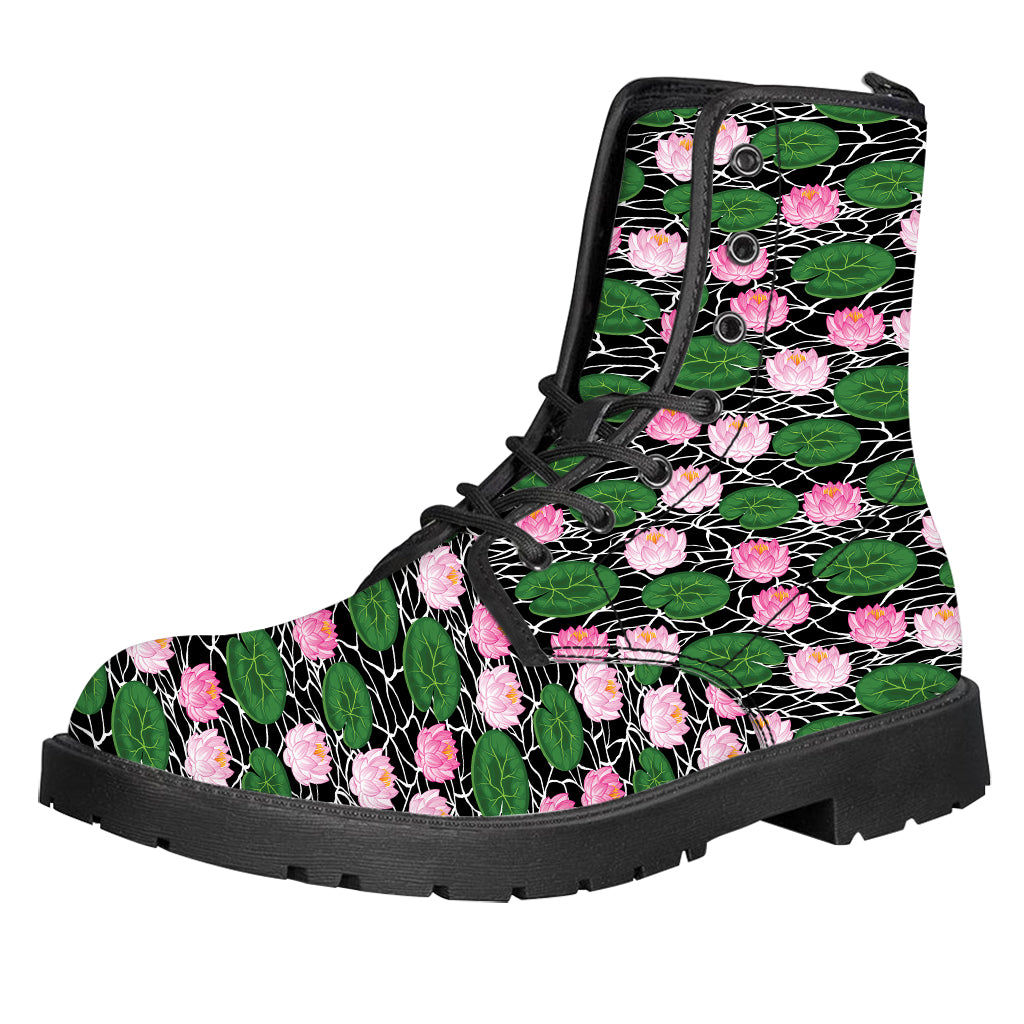 Lotus Flower And Leaf Pattern Print Leather Boots