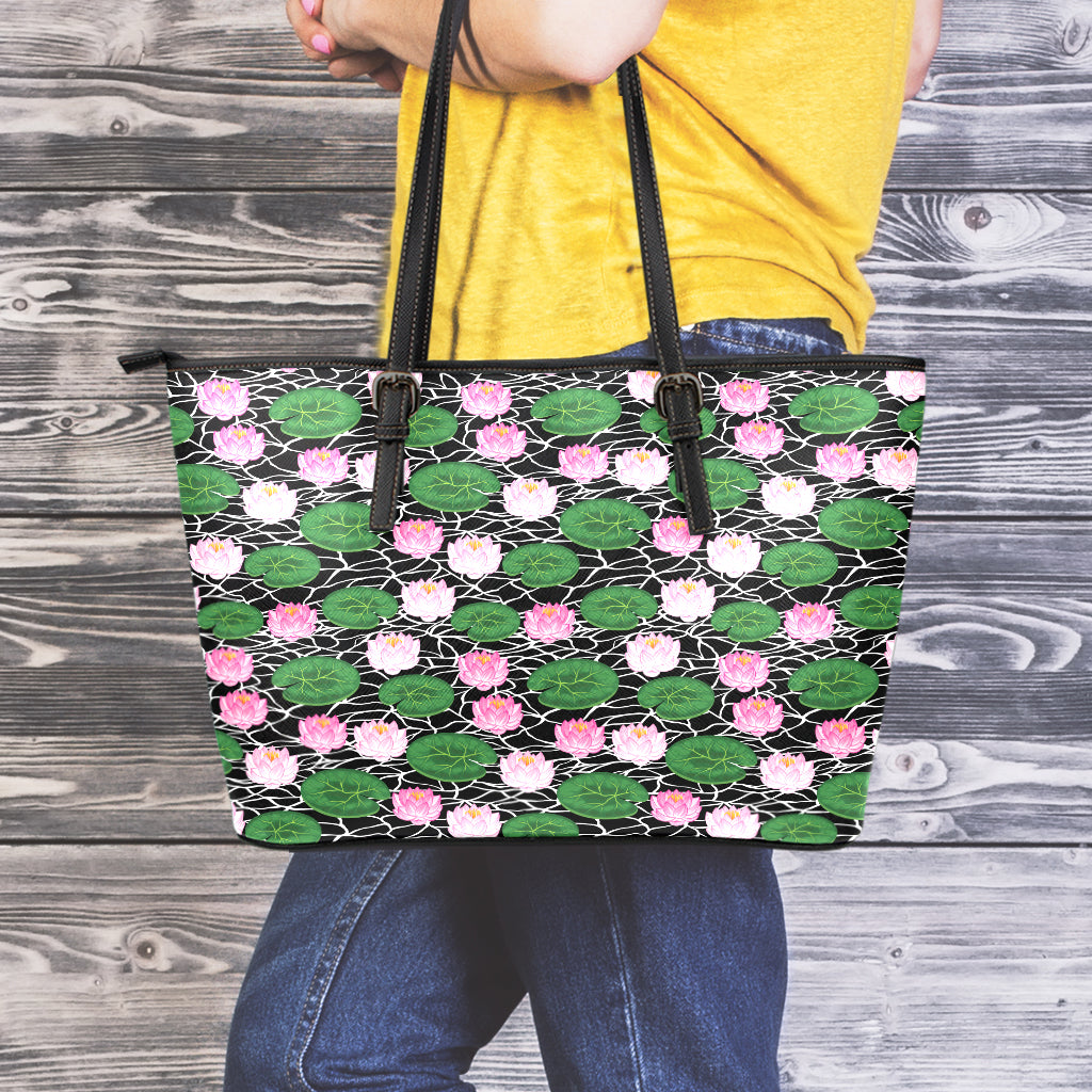 Lotus Flower And Leaf Pattern Print Leather Tote Bag